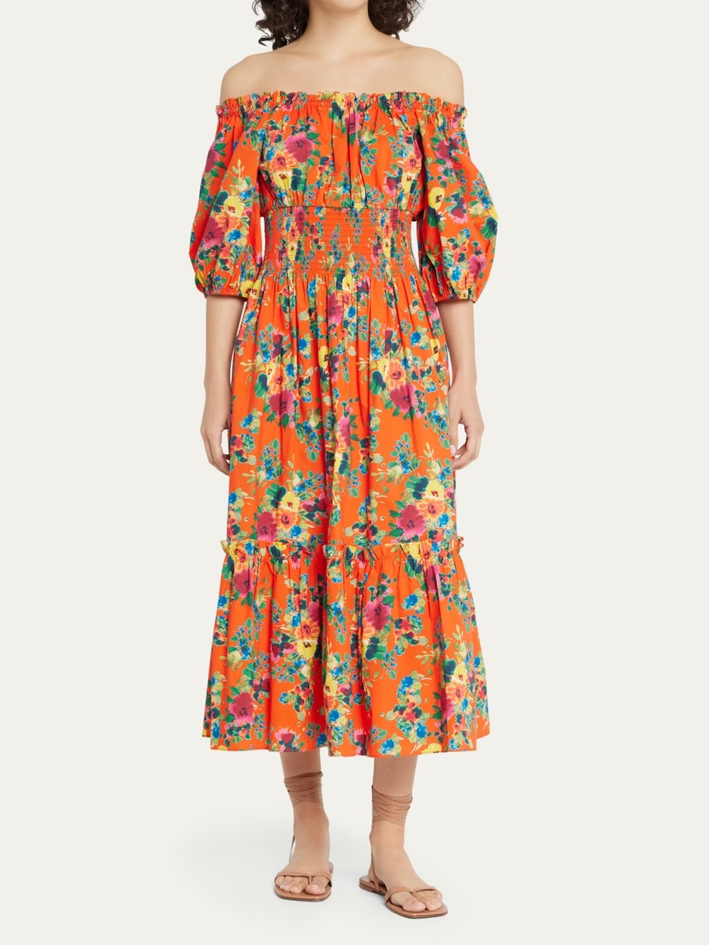 Cara Cara 100% Cotton Mimi Dress in the Cherry Bouquet Orange Floral Print - M